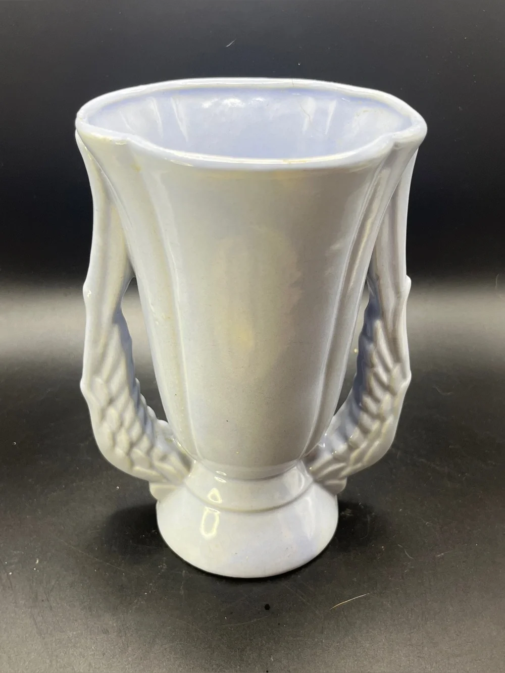 Vintage Niloak Pottery Winged Victory Vase Art Deco Double Wing Handle Blue